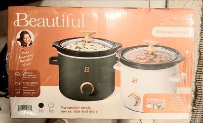 Beautiful by Drew Barrymore 2qt Slow Cooker Set of 2, Thyme Green & White, NEW