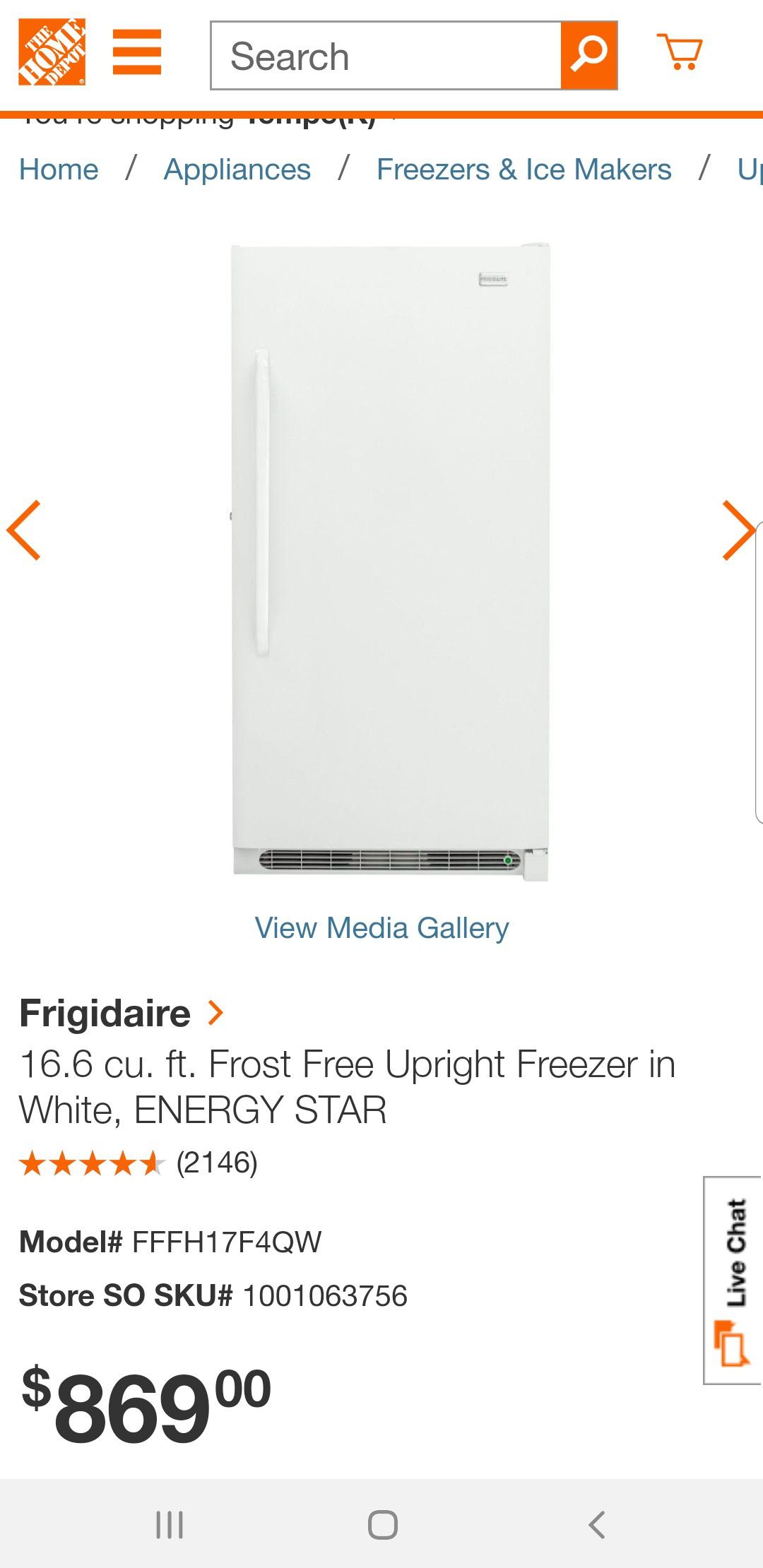 Frigidaire 16.6 sq ft upright freezer