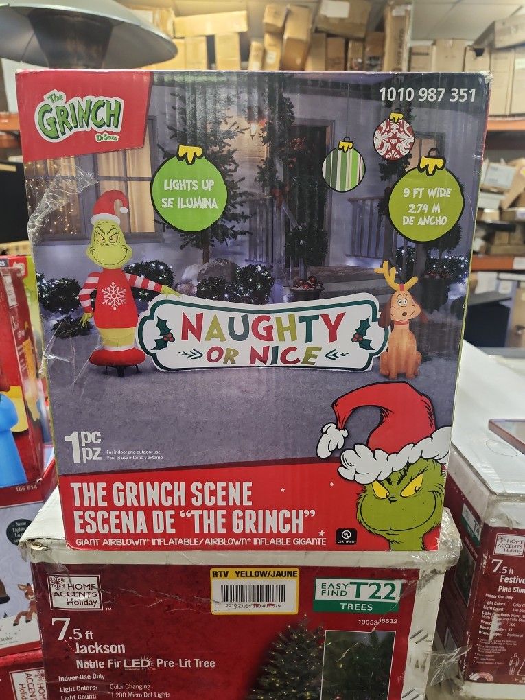 New 9 ft W LED Grinch & Max Naughty or Nice Sign Christmas Airblown Inflatable