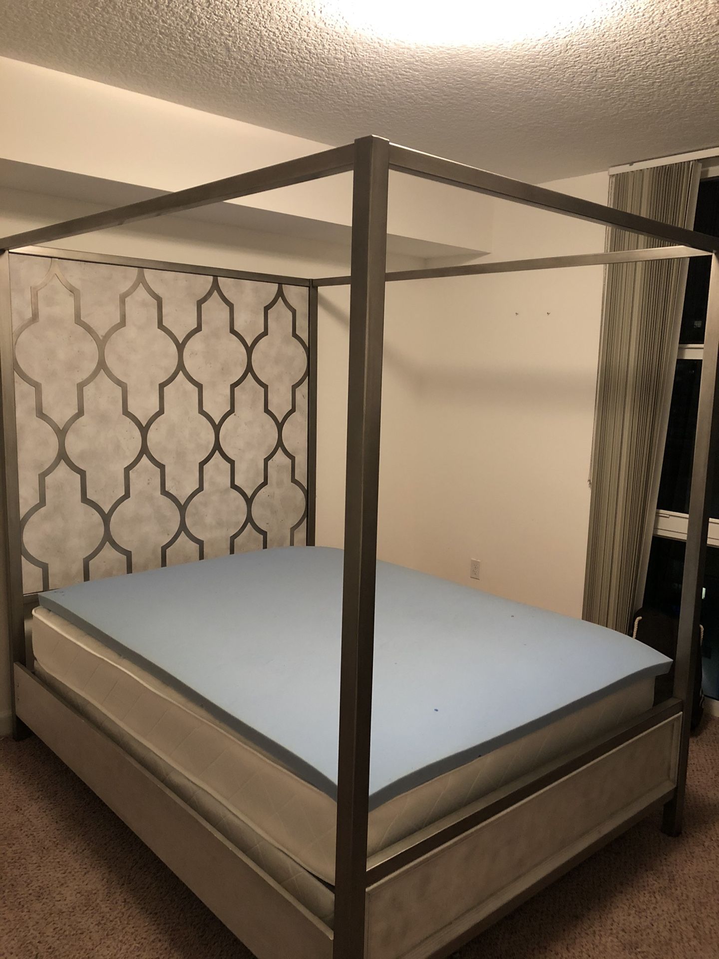Queen Sized Canopy Bed Frame with Mattress and cover