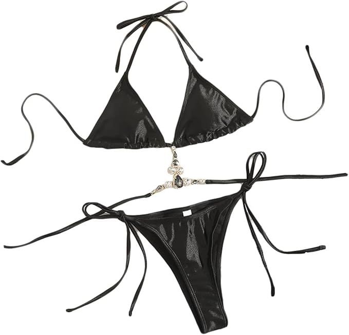Women's Satin 2 Piece Rhinestone Bathing Suit High Waisted Swimsuit Bikini Set
