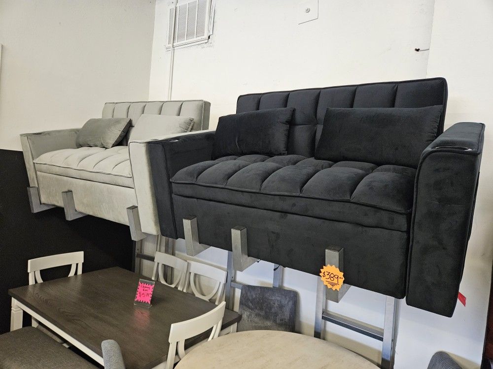 Brand New Sofa Futon Pull Out Bed 2 Cup Holder, USB Outlet & Magazine Bag $389
