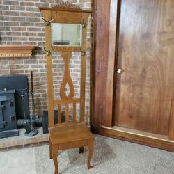 Oak Mission Style Hall Tree with Mirror, Coat Hooks & Seat – 75.5" Tall