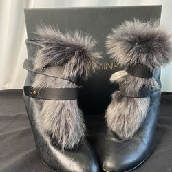 Rebecca Minkoff Black Leather Short Fur Boot Style Heels Shoes Women’s Size 7 (Retail $325) Made In Spain