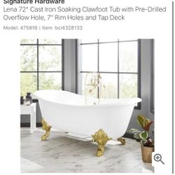 Brand New Signature Hardware 72” Cast Iron Clawfoot Lena Tub Polished Brass Feet