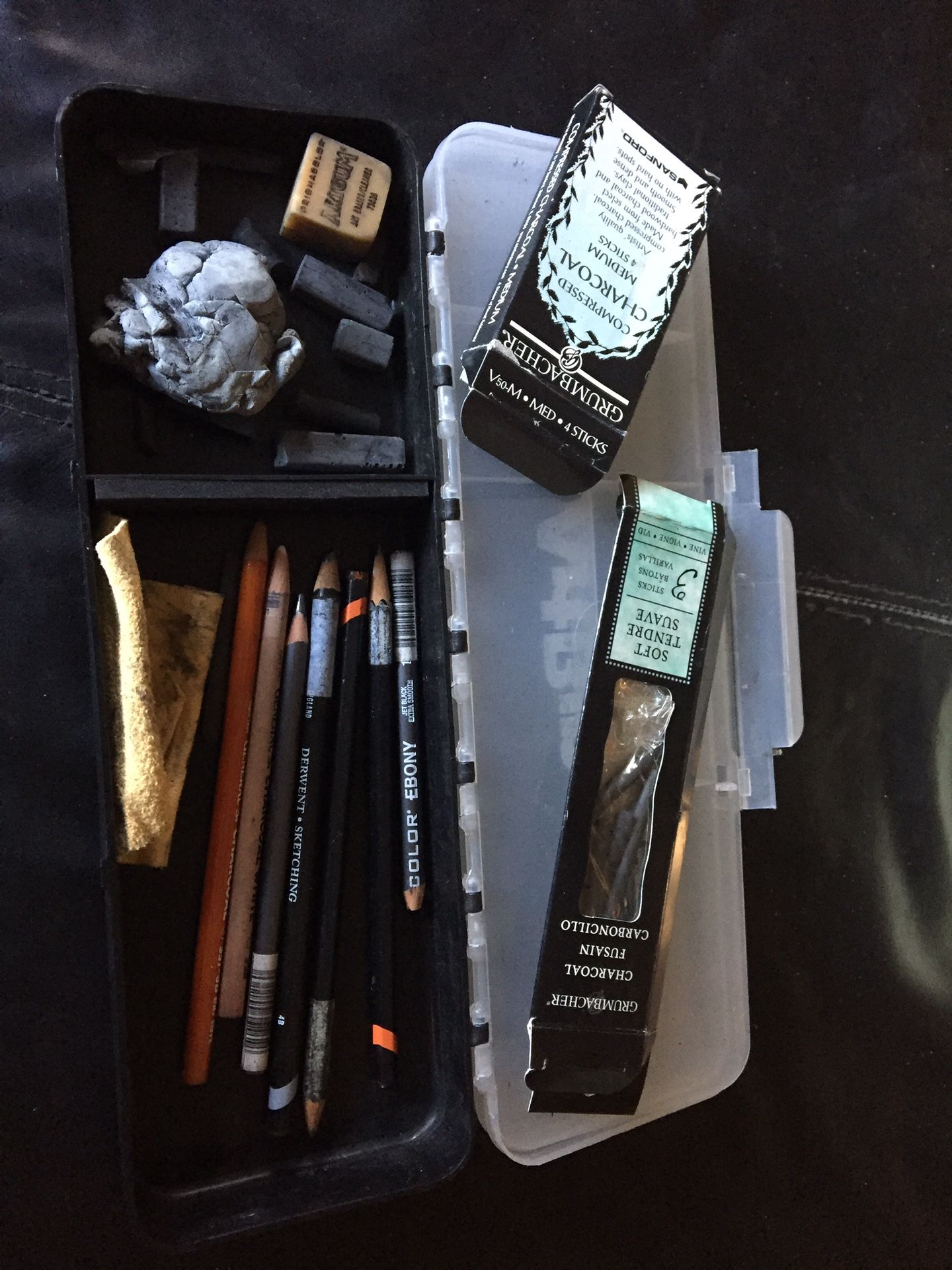 Charcoal pencils and sticks with case art supplies