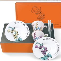 New Tea Cup Set With 2 Tea Cups 2 Saucers And 2 Spoon 7 OZ Espresso Coffee 