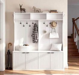 White Entryway Hall Tree | Bench + Hooks + Storage | Farmhouse