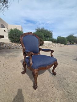 Vintage Carved Armchair – Navy Blue Upholstery