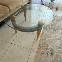 Matching Glass Coffee Table + Console Table + Pair Of End Tables With Wooden Legs