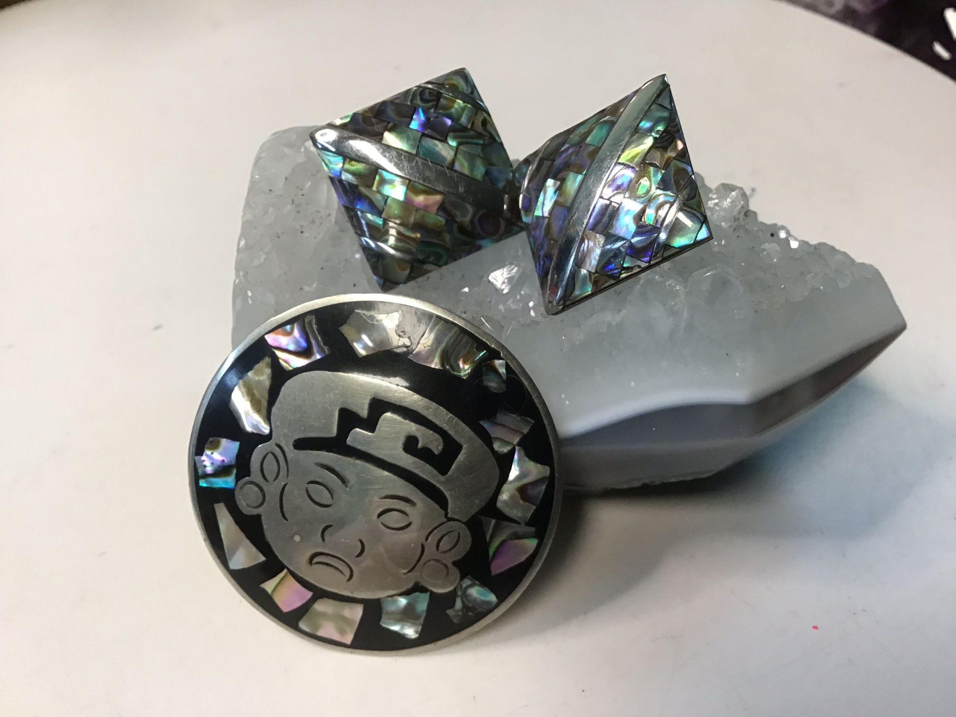 Vintage Alpaca Abalone Brooch/Pendant & Earrings