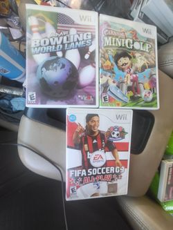 3 Nintendo Wii games Bowling World lanes.  Carnival Mini golf.  FIFA soccer 09 all play.