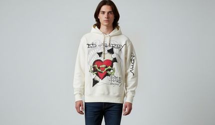 New Ed Hardy Hoodie Adult Medium  “Love Kills Slowly” Heart & Dagger Ivory Unisex NWT