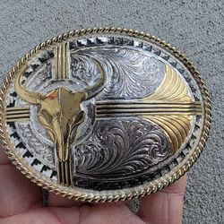 Montana Silversmiths Western Belt Buckle Longhorn Skull Silver Plated Vintage 4”