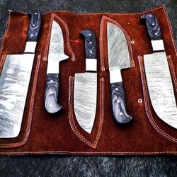 5 Pcs Handmade Damascus Steel Kitchen Chef Knives Set Comes With Leather Covering 