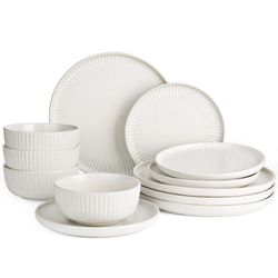 Famiware Stoneware Dinnerware Sets for 4, 12-Piece Round Ceramic Plates and Bowls