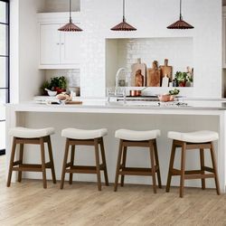 Set Of 4 LUE BONA Saddle Seat Counter Height Bar Stools Set of 4 for Kitchen, Dining, 24in, Antique White