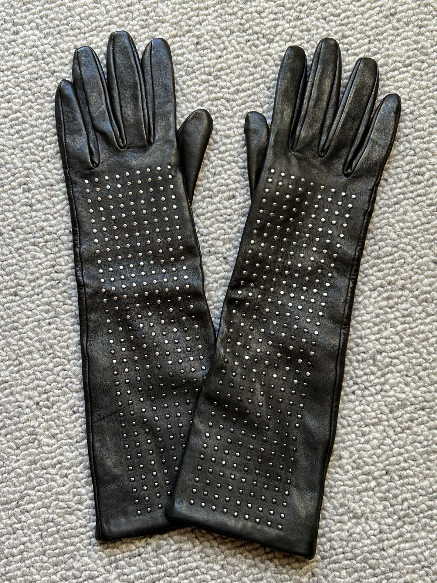 Long Black Studded Sheep Leather Gloves