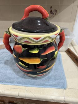 1990s Clay Art Caliente Lidded Cookie Jar Canister Peppers