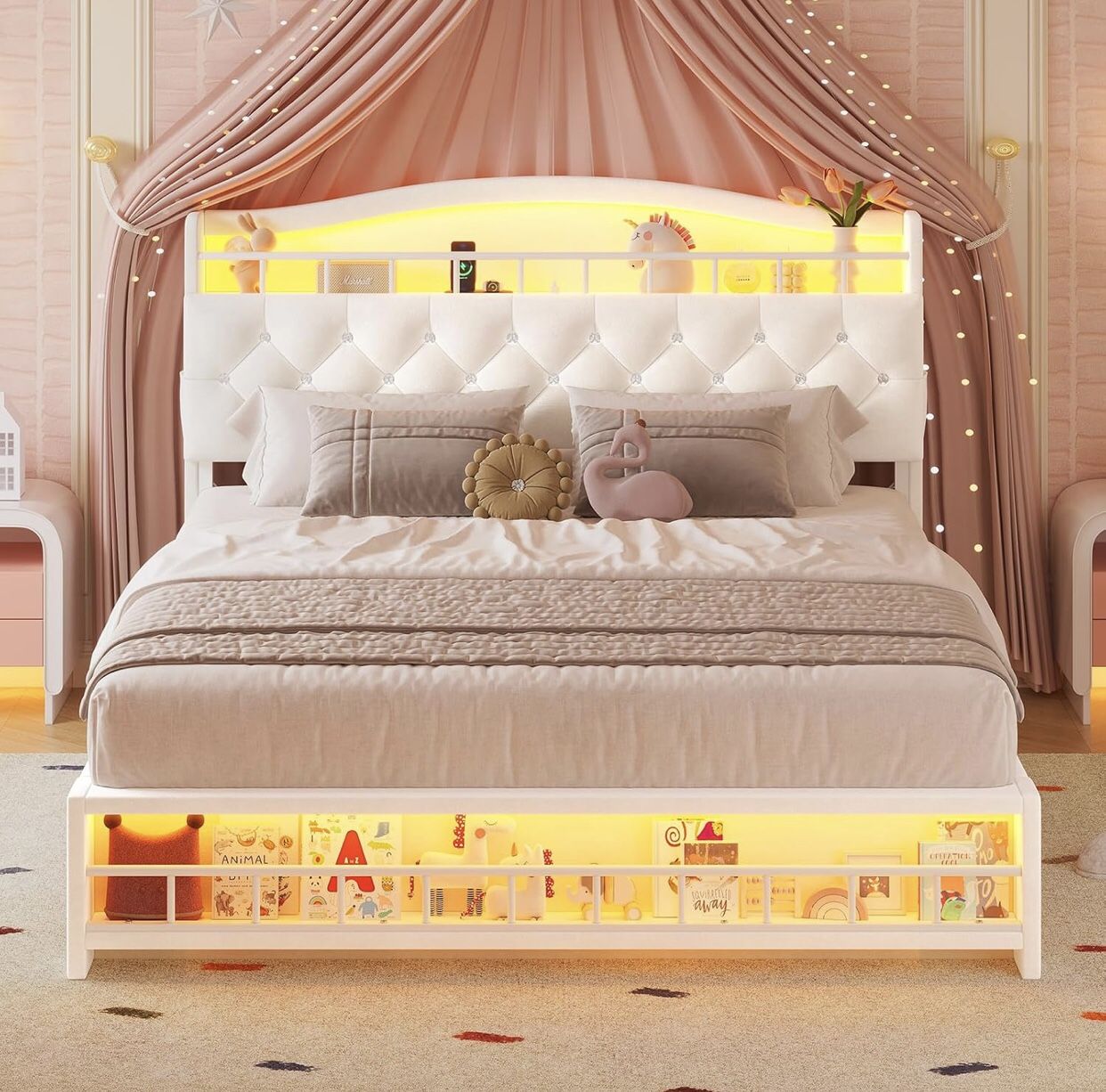 Full Size Beige Led Bed Frame