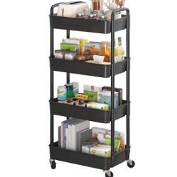 4-Tier Plastic Rolling Utility Cart with Handle, Multi-Functional Storage Trolley for Office, Living Room, Kitchen, Movable Storage Organizer with Whe