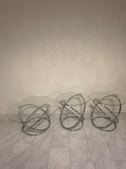 Set of 3 Round Glass Top Chrome Side Tables