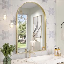 Arch Mirror, 24 x 36 Inch Gold Arch Mirror for Bathroom, Arched Wall Mirror, Aluminum Alloy Frame Gold Bathroom Vanity Mirror for Living Room Bedroom 