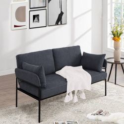 60” W Gray Linen Upholstered Loveseat Sofa,2-Seater Couch with Pillows,with Metal Legs [NEW] **Assembly Req** 