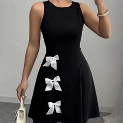 Elegant Black A Line  Dress With White Bow,size Small Medium Large Xl 