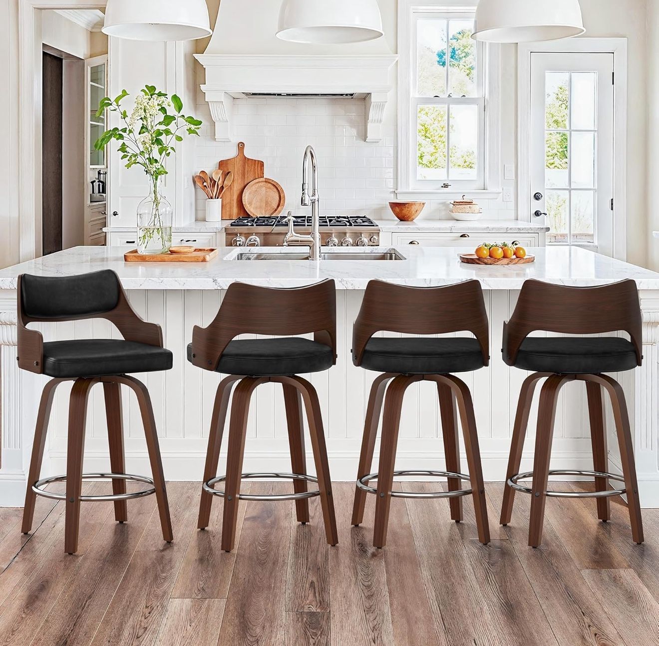 Counter Height Bar Stools Set of 4, 26" Mid Century Modern Swivel Barstools with Back and Armrest, Faux Leather Upholstered Counter Stools for Kitchen