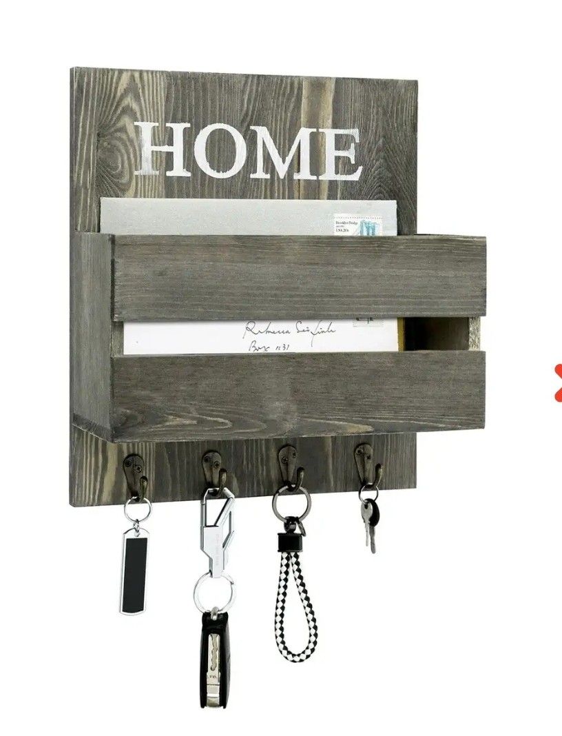 Wall Mounted Home Gray Solid Wood Entryway Mail Sorter, Magazine Organizer Rack With 4 Key Hooks

