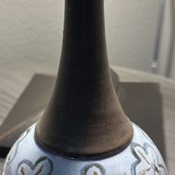 Signed Pottery Vase with Blue And Brown Flower Design