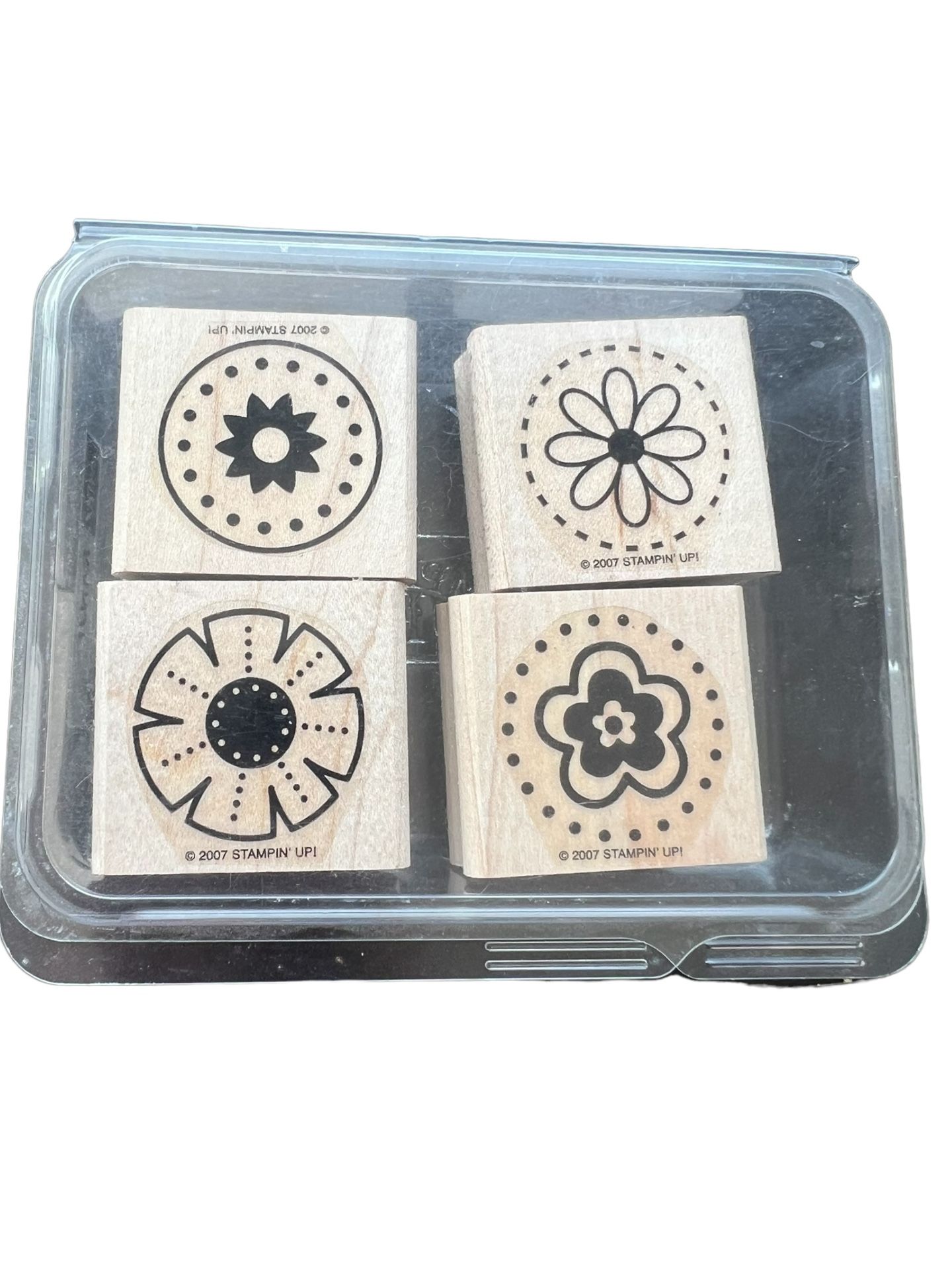 STAMPIN UP POLKA DOT PUNCHES SET OF 4 WOOD MOUNTED RUBBER STAMPS FLOWERS Vintage