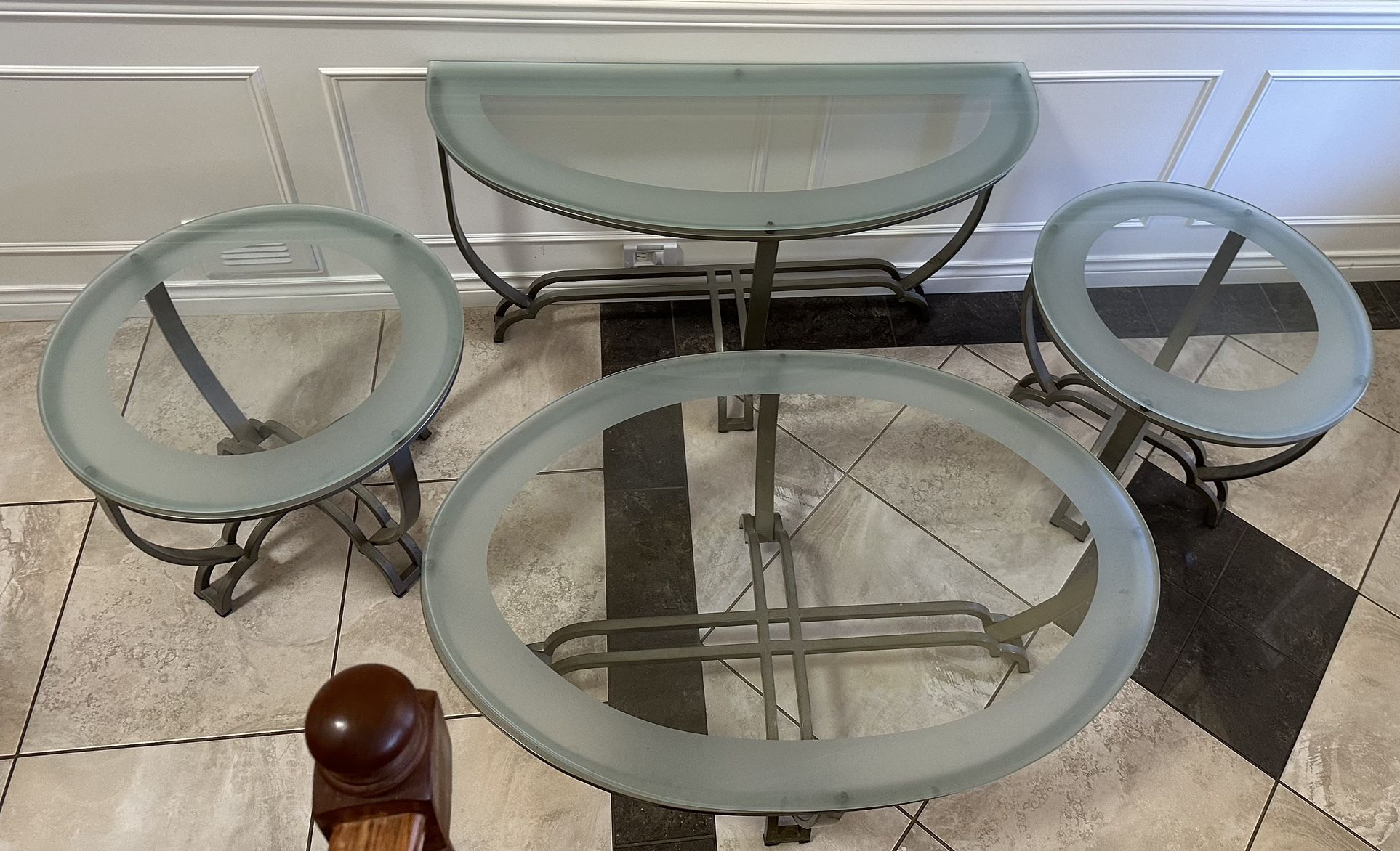 4-Piece Glass and Metal (Pewter) Sofa/Coffee & End Table Set