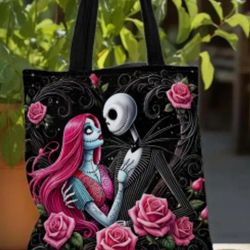 Jack Skellington & Sally Halloween Tote Bag - Large Capacity Linen Shoulder Bag