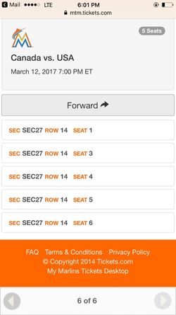 World baseball classic CANADA VS USA MARCH 12 5 seats can be sold together or separately