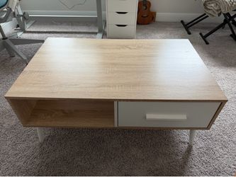 Mid-Century Modern Coffee Table with Drawer & Open Storage – Light Oak & White