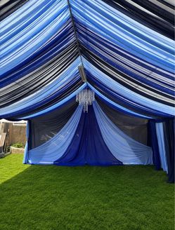 Tent, tent with draping, chairs, tables, linens,