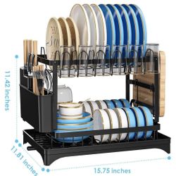 Dish Drying Rack for Kitchen Counter 2 Tier Iron Dish Drainer with Removable Cutlery Basket,