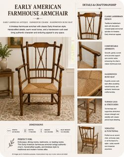 Early American Antique Farmhouse Chair — Spindle Back & Rush Seat in perfect condition
