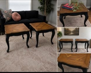 2 Parquet Wood & Matte Black Side / And Tables (Matching Set)