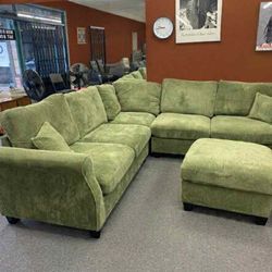 New 99x99 Sage Corduroy Sectional Couch With Ottoman 
