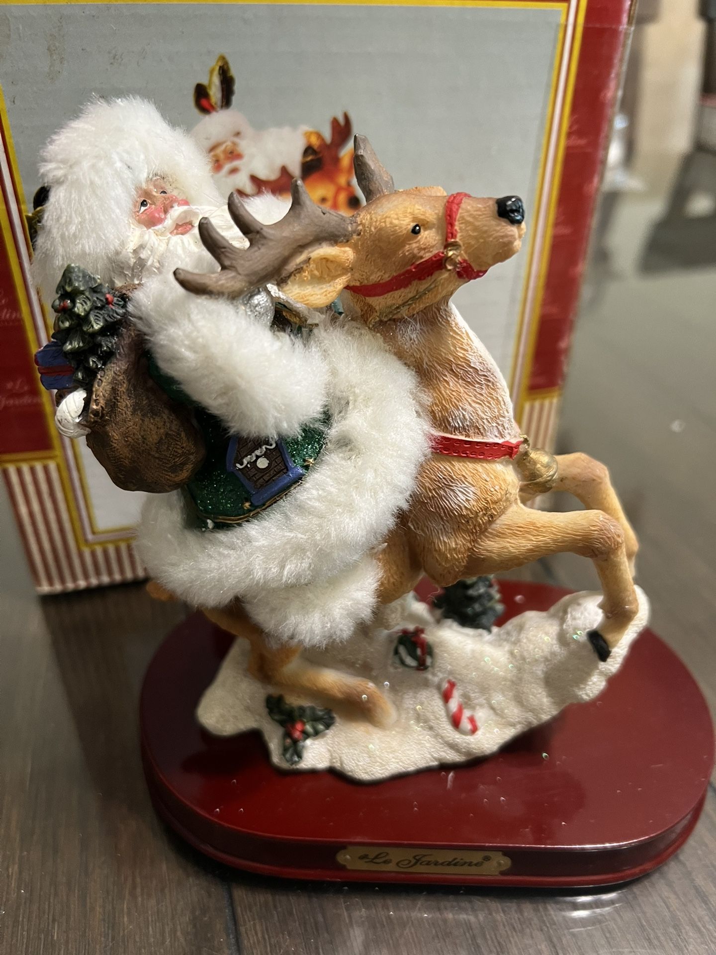 Vintage 1992 Christmas Santa Claus Riding A Reindeer With Resin On Fabric