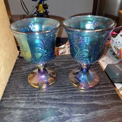 Vintage blue carnival glass dessert cups total 8
