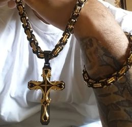 3-Pcs Uniquely Crafted Multi-layer 2-Tone Cross Pendant With 24"Byzantine Chain & Bracelet