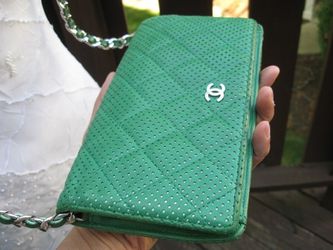 Authentic Chanel Green Perforated Leather CC Logo Long Full Flap