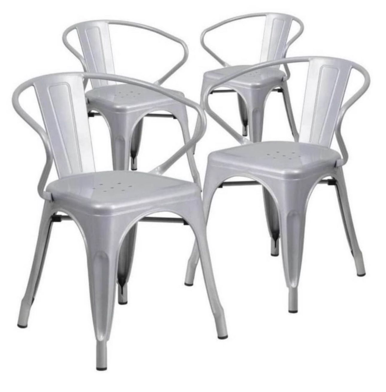 Silver Metal Indoor-Outdoor Chair with Arms set of 4, New
