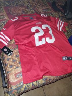 White on red McCaffrey for dinner Jersey large