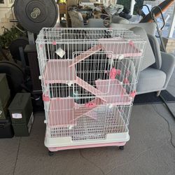 PawHut 32"L 6-Level Small Animal Cage Rabbit Hutch with Universal Lockable Wheels, Slide-out Tray for Bunny, Chinchillas, Ferret, Pink 