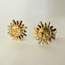 14K Tri-Color Gold Sun Face Stud Earrings